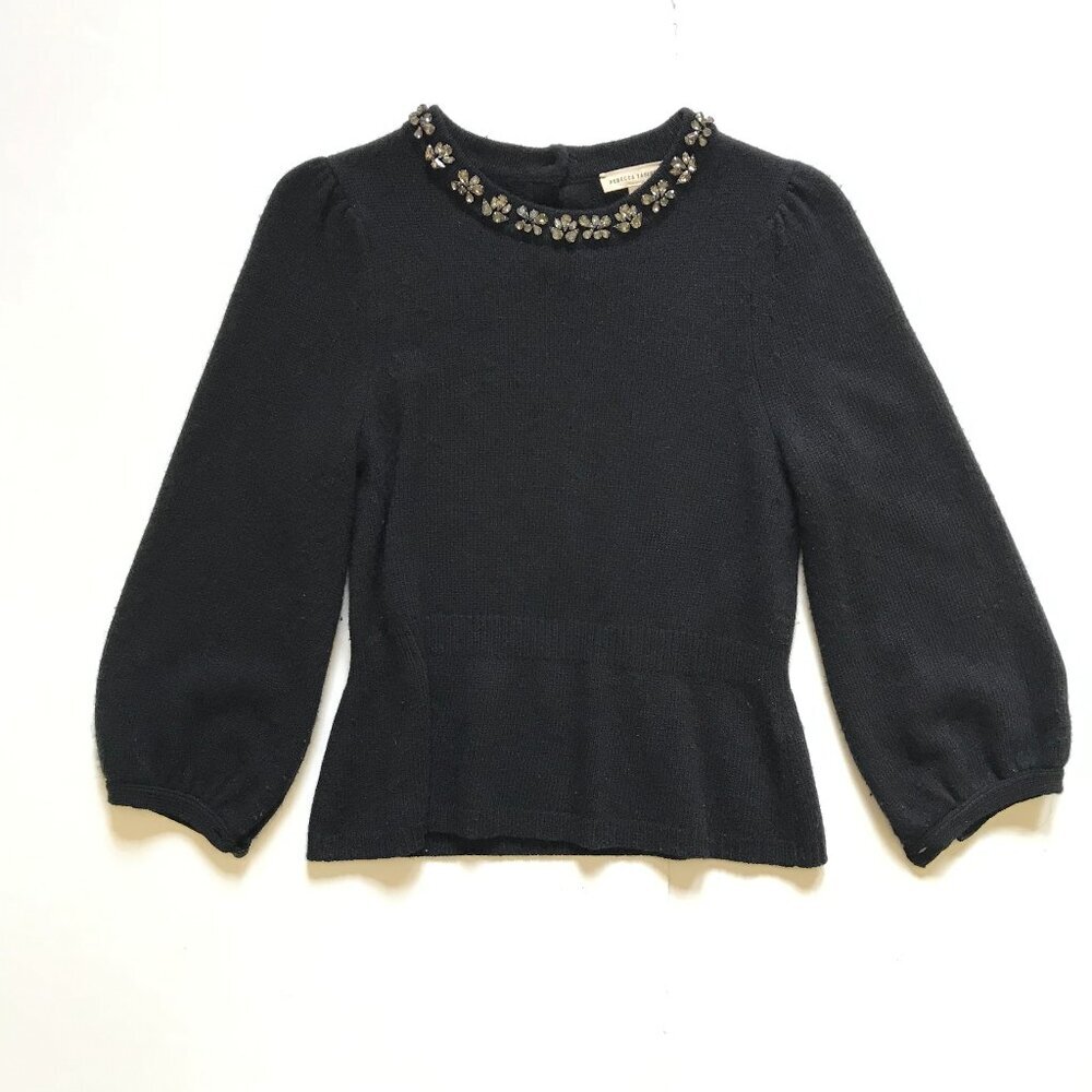 Rebecca Taylor Jewel Embellished Peplum Sweater Womens Small Black Crew Neck